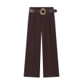 Women's High Waist Wide Leg Trousers With Belt Dark Brown Solid Color Polyester Alloy Casual Office Straight Pants Elegant Commuting Outfit