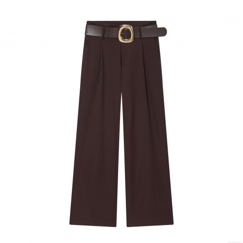 Women's High Waist Wide Leg Trousers With Belt Dark Brown Solid Color Polyester Alloy Casual Office Straight Pants Elegant Commuting Outfit