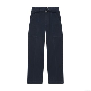 Women's Fashion Casual Cargo Pants With Belt High Waist Deep Blue Twill Straight Leg Trousers Multi Pockets Streetwear Lady Utility Work Pants