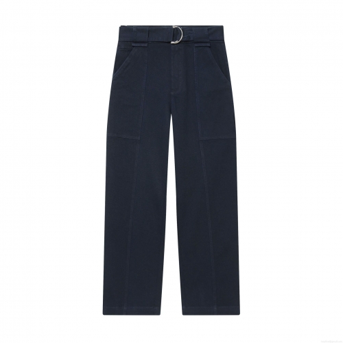 Women's Fashion Casual Cargo Pants With Belt High Waist Deep Blue Twill Straight Leg Trousers Multi Pockets Streetwear Lady Utility Work Pants