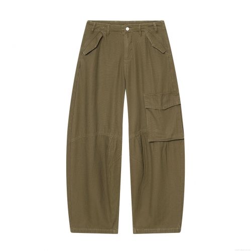 Women's Casual Cargo Pants High Waist Multi-Pocket Wide Leg Heavy Twill Cotton Blend Streetwear Trousers Olive Green Solid Color Fashion Jeans