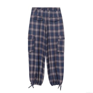 Women's Plaid Cargo Pants Fashion High Waist Multi-Pocket Tapered Trousers Vintage Blue Plaid Polyester Long Pants With Leg Ties For Women