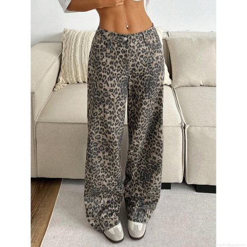 Women's Leopard Print Wide Leg Pants High Waisted Loose Straight Trousers Casual Vintage Washed Streetwear Fashion Full Length Trousers For Women