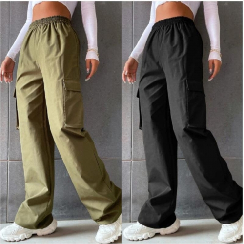 Women's Casual Polyester Cargo Pants High Waist Elastic Waistband Side Flip Pockets Loose Wide Leg Streetwear Straight Trousers