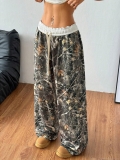 Women's Camouflage Wide Leg Pants High Waist Elastic Drawstring Trousers Gothic Cross Print Streetwear Loose Full Length Casual Forest Jungle Pants