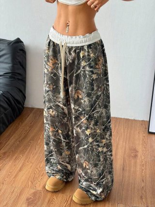 Women's Camouflage Wide Leg Pants High Waist Elastic Drawstring Trousers Gothic Cross Print Streetwear Loose Full Length Casual Forest Jungle Pants