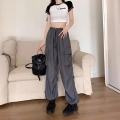 Women's High Waisted Cargo Pants Baggy Wide Leg Trousers with Multi Pockets American Street Style Drawstring Cuffs Casual Polyester Long Pants for Women