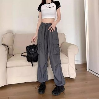 Women's High Waisted Cargo Pants Baggy Wide Leg Trousers with Multi Pockets American Street Style Drawstring Cuffs Casual Polyester Long Pants for Women