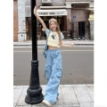 Women's High Waist Cargo Pants American Vintage Wide Leg Loose Straight Trousers Multi Pocket Drawstring Streetwear Casual Mop Pants