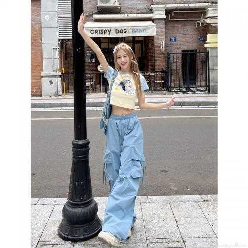Women's High Waist Cargo Pants American Vintage Wide Leg Loose Straight Trousers Multi Pocket Drawstring Streetwear Casual Mop Pants