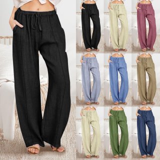 Women's Wide Leg Pants Casual Cotton Linen Blend Drawstring High Waist Trousers with Pockets for Daily Vacation Loose Boho Style Ladies Fashion