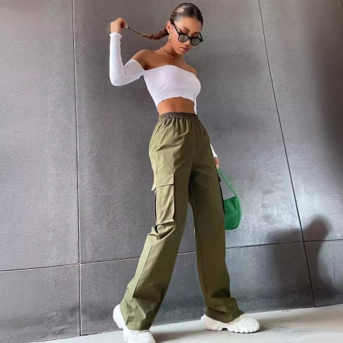 Women High Waist Cargo Pants Polyester Wide Leg Straight Casual Trousers With Big Pockets Streetwear Commuter Fashion Loose Long Pants for Lady