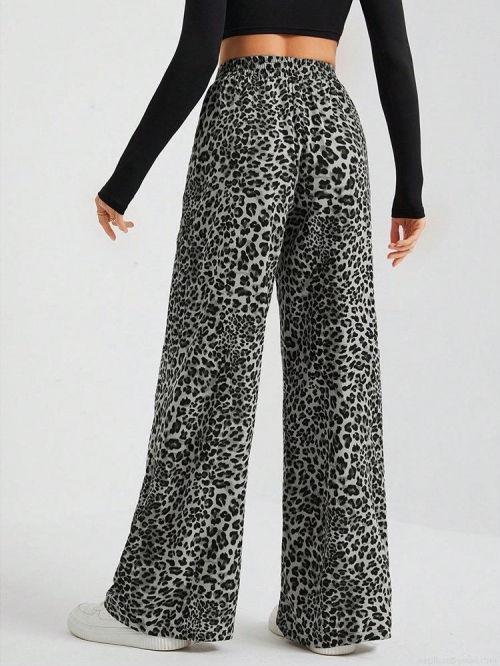 Women's Leopard Print High Waist Wide Leg Pants Casual Loose Plaid Checkered Straight Trousers Streetwear Spring Autumn Polyester Trousers