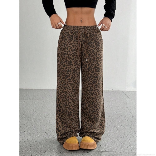 Women's Leopard Print Plaid Camouflage Wide Leg Pants Polyester High Waist Drawstring Loose Casual Long Trousers Streetwear Y2K Fashion