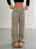 Women's Casual Leopard Print Wide Leg Pants High Waist Drawstring Checkered Camouflage Straight Trousers Streetwear Autumn Long Pants Polyester Trousers