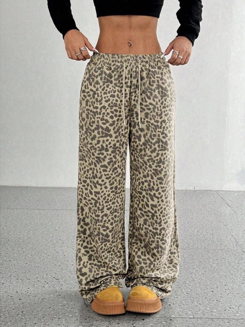 Women's Casual Leopard Print Wide Leg Pants High Waist Drawstring Checkered Camouflage Straight Trousers Streetwear Autumn Long Pants Polyester Trousers