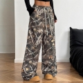 Women's Fashion Casual Wide Leg Pants Camouflage Leopard Plaid Print High Waist Drawstring Loose Cargo Trousers Streetwear For Women