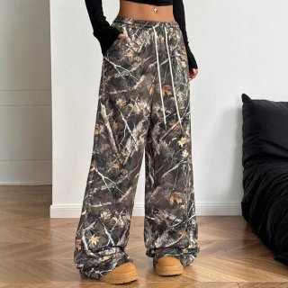 Women's Fashion Casual Wide Leg Pants Camouflage Leopard Plaid Print High Waist Drawstring Loose Cargo Trousers Streetwear For Women