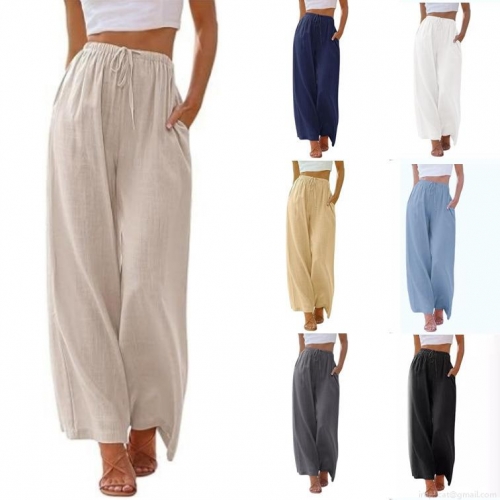 Women's Casual Wide Leg Pants Polyester Linen-Like Texture Drawstring Elastic Waist Trousers with Pockets Loose High Waisted Long Pants for Daily Holiday Summer