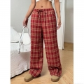 Women American Retro Plaid Wide Leg Pants Casual Loose Straight Cargo Trousers High Waist Drawstring Leopard Camouflage Streetwear Slacks