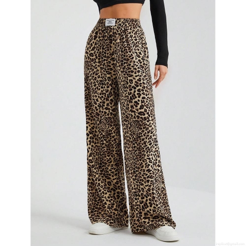 Women's High Waist Wide Leg Pants Polyester Leopard Print Plaid Tree Branch Casual Loose Trousers Streetwear Fashion Female Bottoms Long Pants