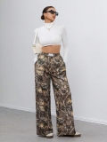 Women's High Waisted Wide Leg Pants Polyester Branch Leaf Print Casual Trousers Loose Elastic Waist Leopard Plaid Lounge Bottoms Trendy Streetwear