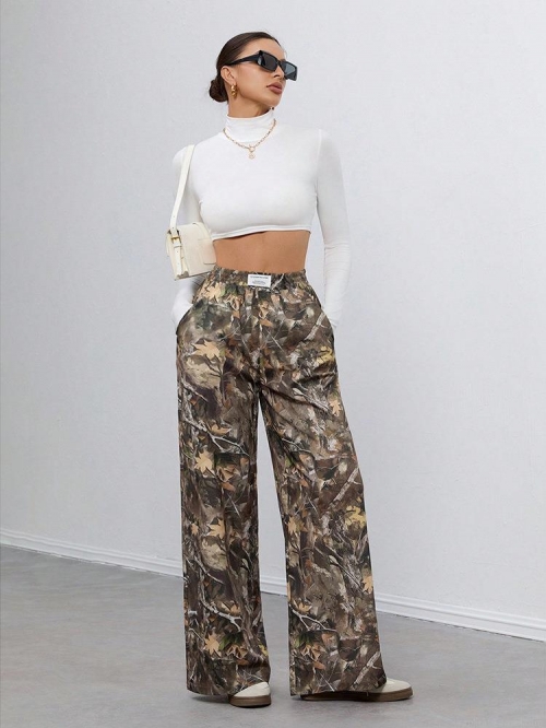 Women's High Waisted Wide Leg Pants Polyester Branch Leaf Print Casual Trousers Loose Elastic Waist Leopard Plaid Lounge Bottoms Trendy Streetwear