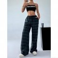 Women's Casual Plaid Leopard Print Wide Leg Trousers Loose High Waist Drawstring Cargo Pants For Streetwear Autumn Spring Fashion Plaid Trousers