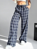 Women Casual Plaid Wide Leg Pants Polyester Loose Drawstring High Waist Straight Trousers With Pockets For Daily Summer Streetwear
