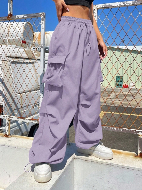 Women's High Waisted Cargo Pants Multi-Pocket Wide Leg Streetwear Casual Woven Trousers Vintage Y2K Relaxed Fit Drawstring Hem Straight Leg Fashionable Lady Pants
