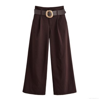 Women's High Waist Wide Leg Pants Polyester Loose Retro Trousers with Leather Belt Gold Buckle Daily Casual Office All-match Autumn Long Pants for Women