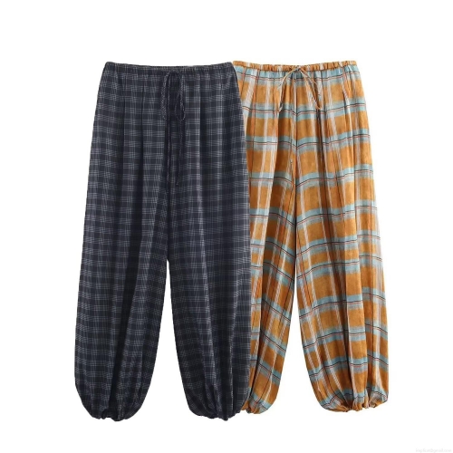 Women's Plaid Bloomers Loose Lantern Pants Drawstring Checkered Baggy Trousers Casual Elastic Waist Harem Trousers For Women