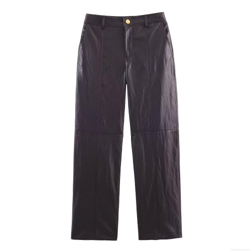 Women's Fashion Faux Leather Straight Leg Pants High Waist Minimalist Splicing Winter Casual Trousers For Lady Party Streetwear Chic Deep Brown Bottoms