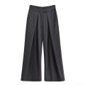 Women's Fashion Stripe Wide Leg Pants 100% Polyester Pleated Commute Casual Straight Trousers For Office Work Lady