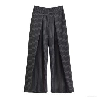 Women's Fashion Stripe Wide Leg Pants 100% Polyester Pleated Commute Casual Straight Trousers For Office Work Lady