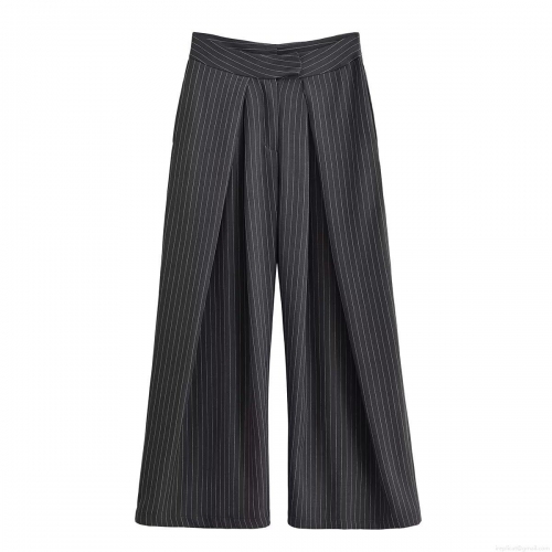 Women's Fashion Stripe Wide Leg Pants 100% Polyester Pleated Commute Casual Straight Trousers For Office Work Lady