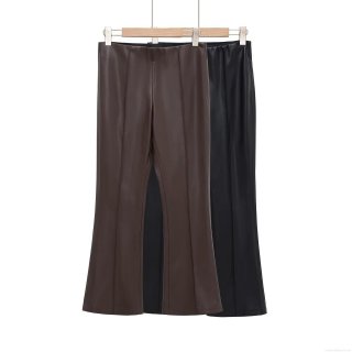 Women's Fashion High Waist Faux Leather Flared Pants Slim Fit Fleece Lined PU Leather Trousers For Winter Daily Casual