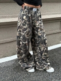 Women's American Retro Branch Print Cargo Pants Wide Leg Casual Trousers Loose Fit High Waist Streetwear Straight Leg Pants Cotton Blend Camouflage Sweatpants for Spring Autumn