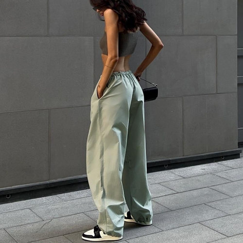 Women's Casual Cargo Pants Drawstring High Waist Loose Wide Leg Cotton Blend Straight Trousers Streetwear Style Long Pants For Women Outdoor Daily Wear