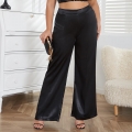 Plus Size Women's Satin Wide-Leg Pants High Waist Loose Elegant Trousers with Side Metal Buttons Solid Black Silk-Like Commuting Plus Size Bottoms for Summer Party Office