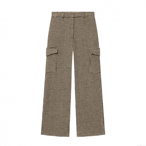 Women's Houndstooth Cargo Pants High Waist Straight Leg Plaid Trousers With Side Flap Pockets Casual Streetwear Fashion Polyester Pants for Women