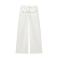 Women High Waist Ruffle Wide Leg Pants With Metallic Buckle Belt Casual Nylon Crinkle Solid White Long Trousers Loose Fashion Bottoms for Ladies