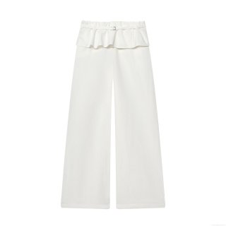 Women High Waist Ruffle Wide Leg Pants With Metallic Buckle Belt Casual Nylon Crinkle Solid White Long Trousers Loose Fashion Bottoms for Ladies