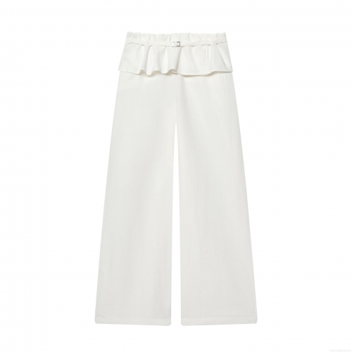 Women High Waist Ruffle Wide Leg Pants With Metallic Buckle Belt Casual Nylon Crinkle Solid White Long Trousers Loose Fashion Bottoms for Ladies
