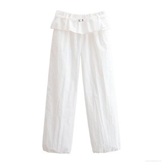 Women's High Waist Ruffle Wide Leg Pants Elegant White Polyester Trousers With Metal Buckle Casual Straight Loose Long Pants For Office Daily Wear Fashion Bottoms