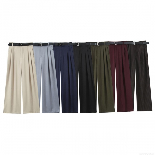 Women High Waist Wide Leg Trousers With Belt Casual Office Commute Double Pleated Loose Long Pants Polyester Suit Fabric Pants