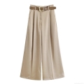 Women's High Waist Wide Leg Pants With Belt Satin Polyester Straight Casual Trousers For Office Party Elegant Lady Streetwear