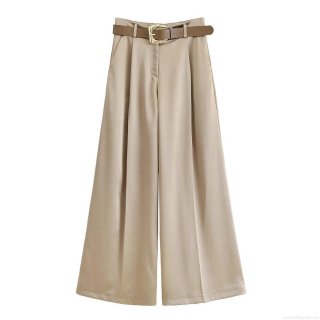 Women's High Waist Wide Leg Pants With Belt Satin Polyester Straight Casual Trousers For Office Party Elegant Lady Streetwear