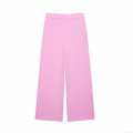 Women High Waist Wide Leg Suit Pants Elegant Bright Pink Polyester Tech Fabric Trousers Loose Straight Dress Slacks For Office Lady Spring Summer Solid Color Long Bottoms
