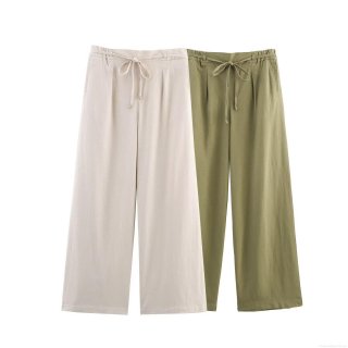 Women's High Waisted Wide Leg Pants Linen Blend Polyester Casual Drawstring Trousers Loose Straight Leg Lounge Pants For Summer Vacation Office
